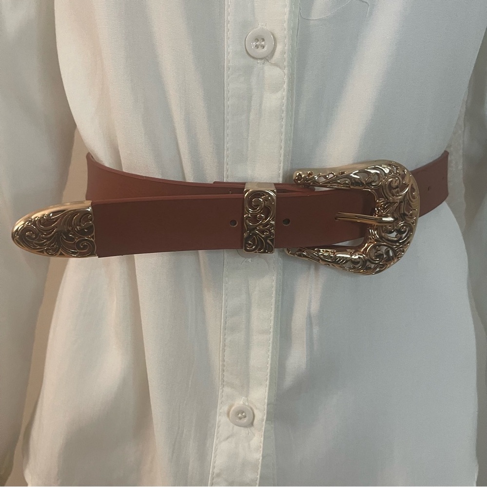 Brown faux leather gold tone buckle western skinny  belt